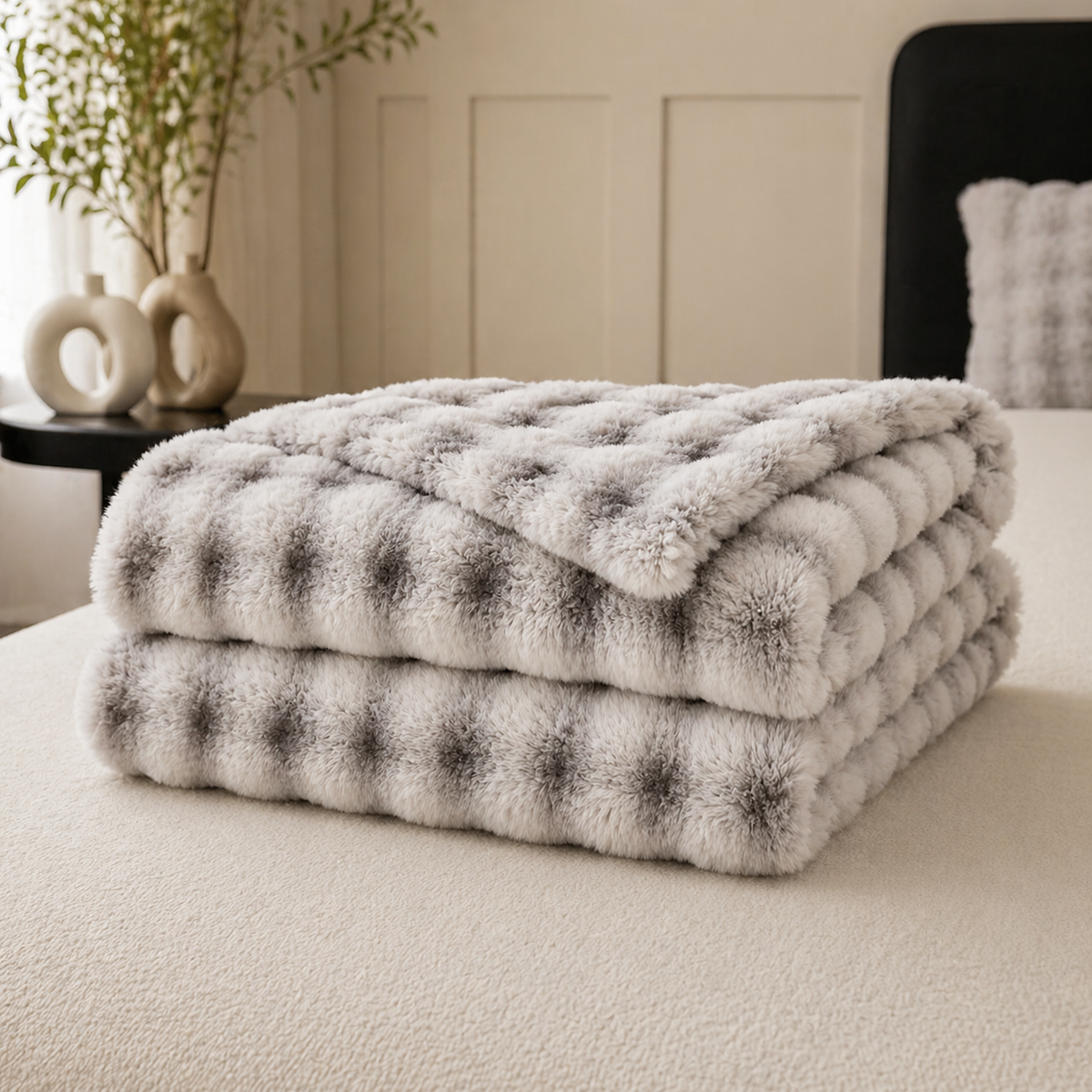 Gray Luxury Tufted Faux Fur Throw Blanket