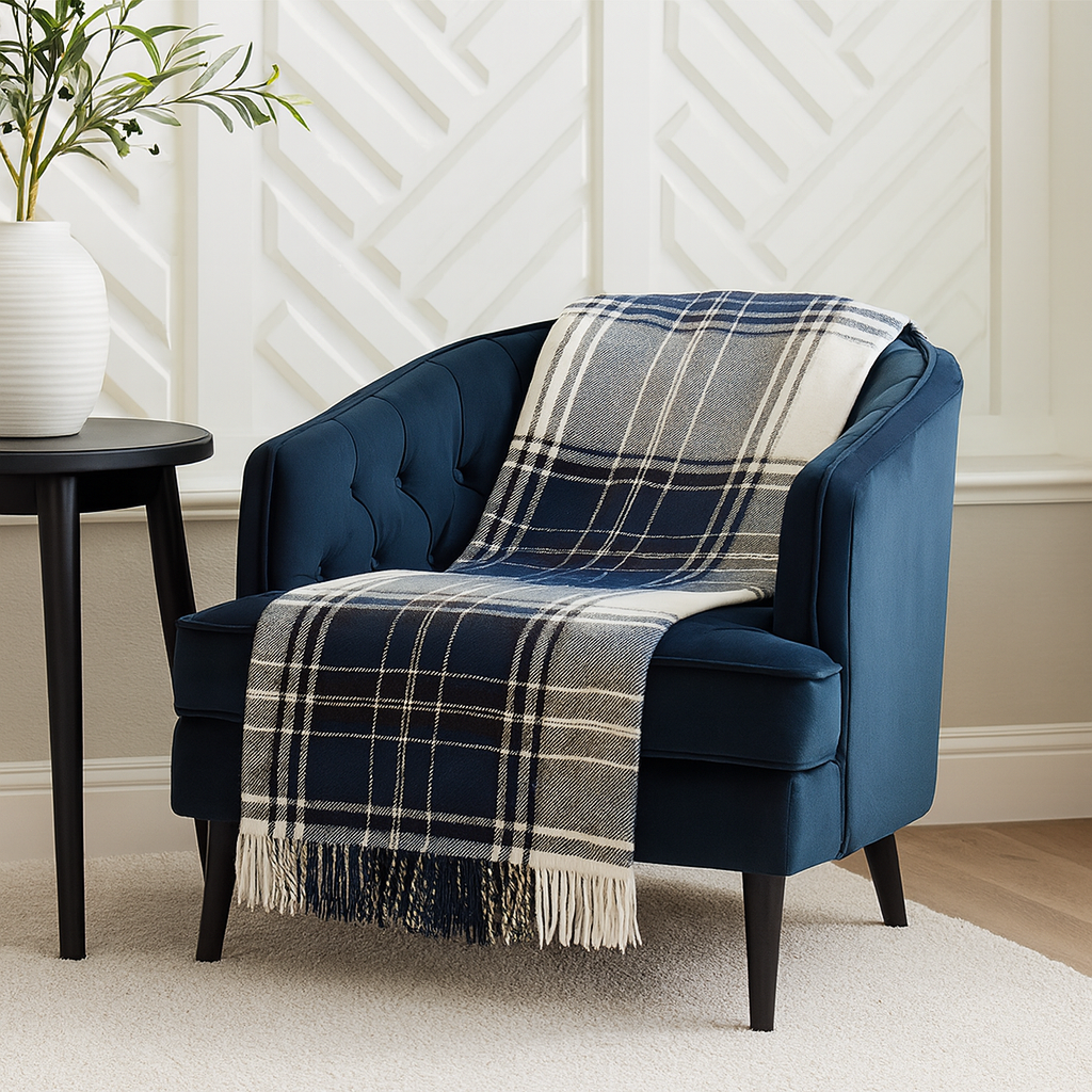 Navy Classic Plaid Tassel Trim 50x60 Inch Throw Blanket