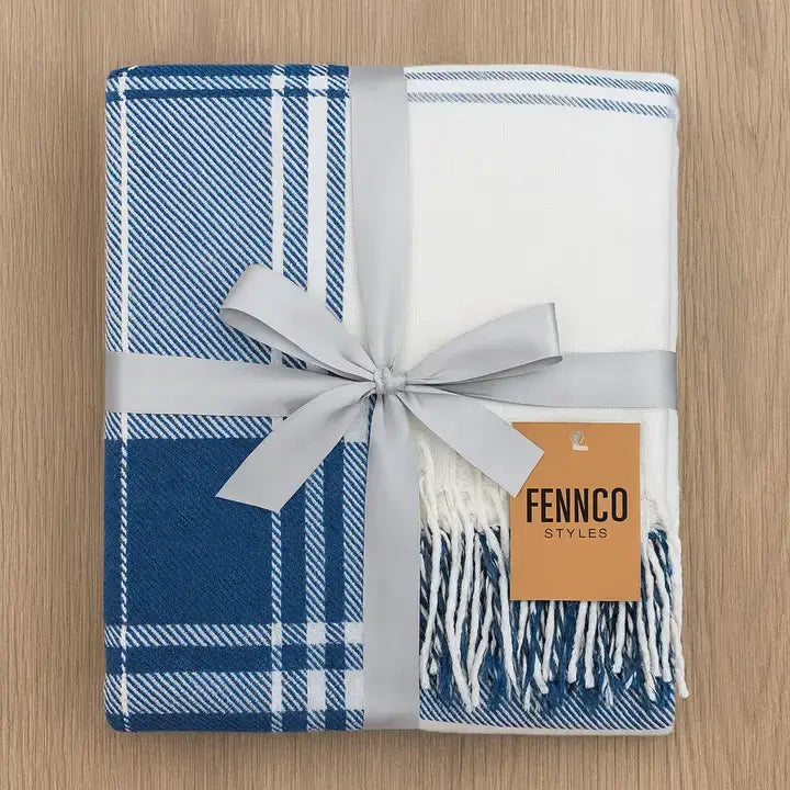 Navy Classic Plaid Tassel Trim 50x60 Inch Throw Blanket